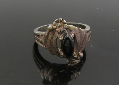 925 Sterling Silver  Vintage Black Onyx Floral Motif Band Ring Sz 6.5  RG21212