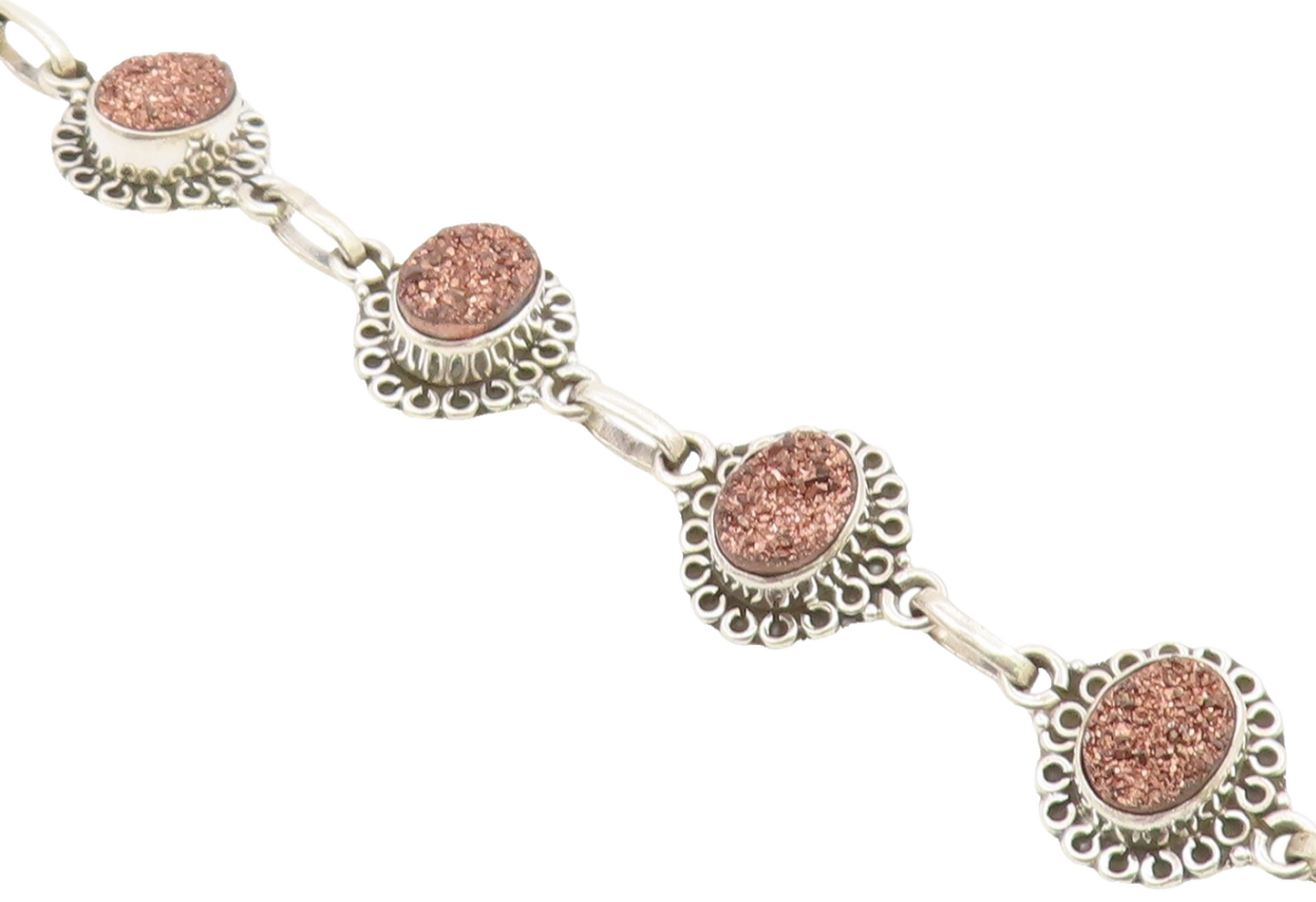 925 Sterling Silver  Druzy Stone Shiny Floral Link Chain Bracelet  BT3641