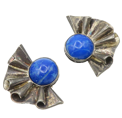 925 Sterling Silver  Vintage Lapis Lazuli Fan Non Pierce Earrings  EG9387