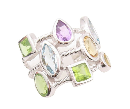 925 Sterling Silver Vintage Ring Multi Shape Multi Color Topaz  Sz 7  RG29934