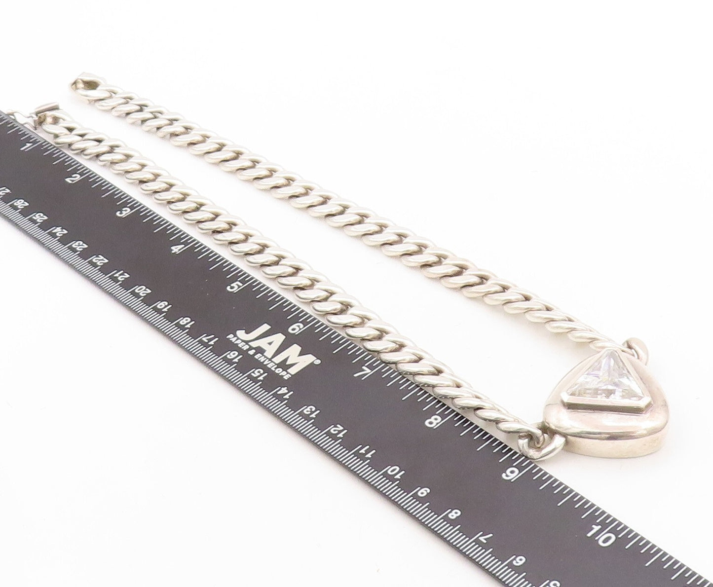 925 Sterling Silver Vintage Necklace Heavy Curb Link Triangle Cut CZ  NE4382