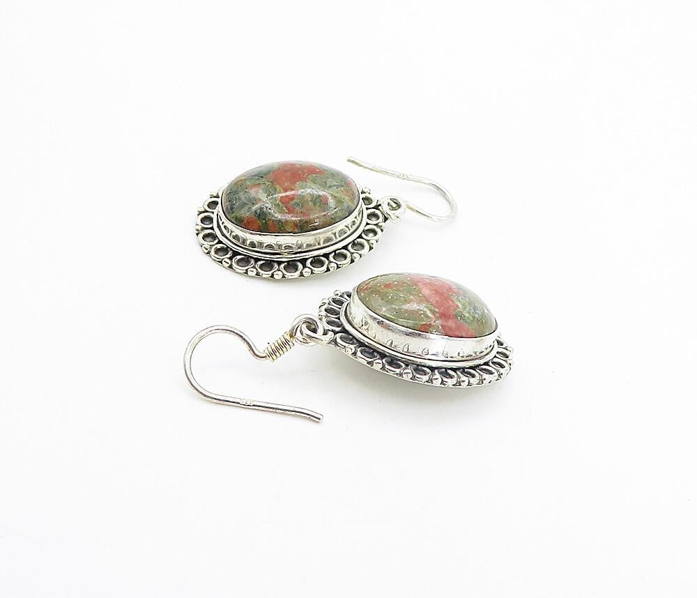 925 Sterling Silver  Vintage Unakite Circle Border Dangle Earrings  EG3557