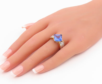 925 Sterling Silver Vintage Ring Gold Plated Blue & White CZ Band  Sz 9  RG35391