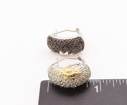 925 Sterling Silver Vintage Earrings Black & White Diamonds Carved Sun  EG13105