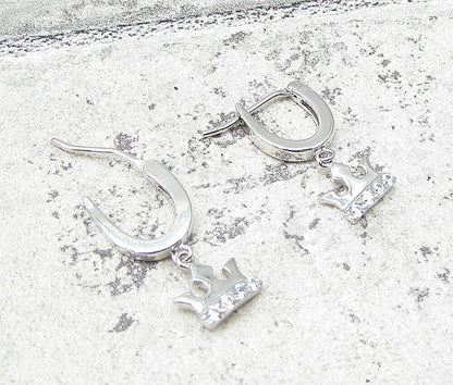 925 Sterling Silver White Cubic Zirconia Royal Crown Huggie Earrings EG1081