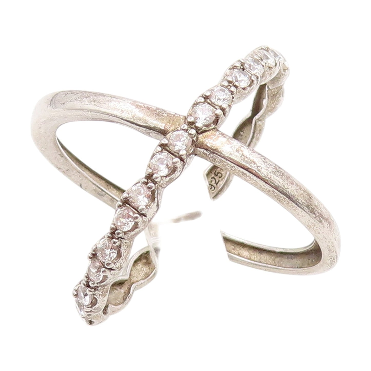 925 Sterling Silver Vintage Ring Modernist CZ Criss Cross Band  Sz 7  RG34878