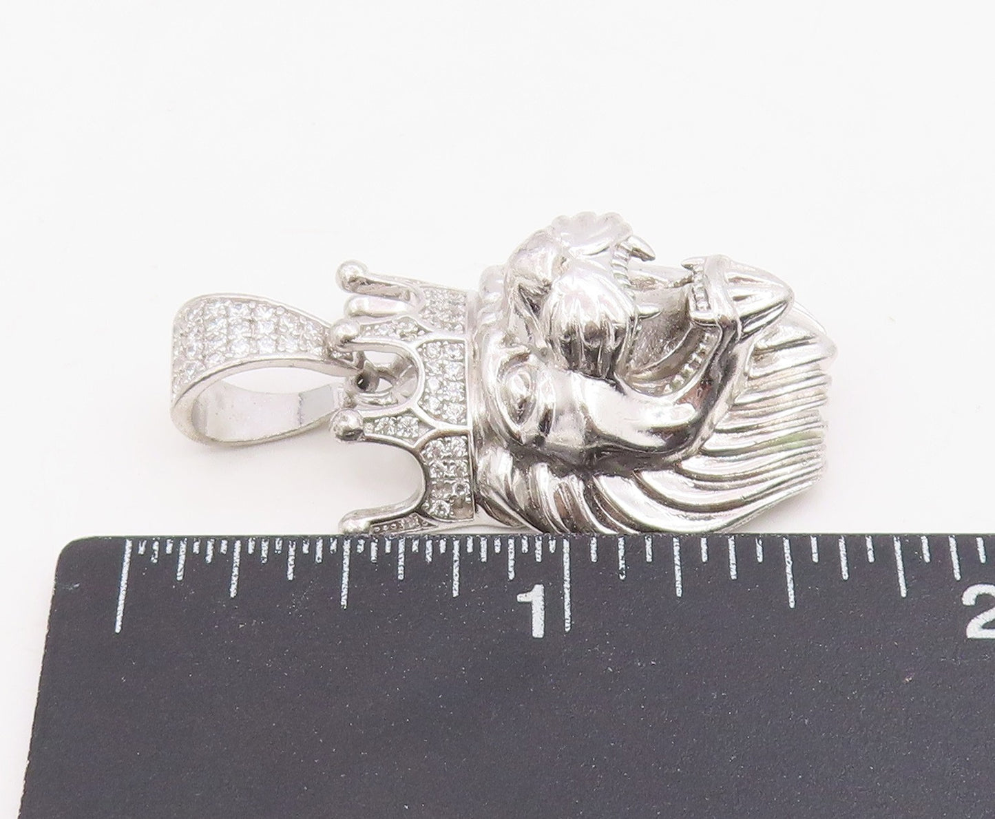 925 Sterling Silver Vintage Pendant CZ Crowned Roaring Lion King Charm  PT25737