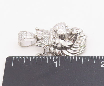 925 Sterling Silver Vintage Pendant CZ Crowned Roaring Lion King Charm  PT25737