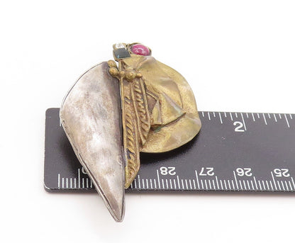 925 Sterling Silver Vintage Brooch Multi Gemstone Modernist Sailboat Pin BP11878
