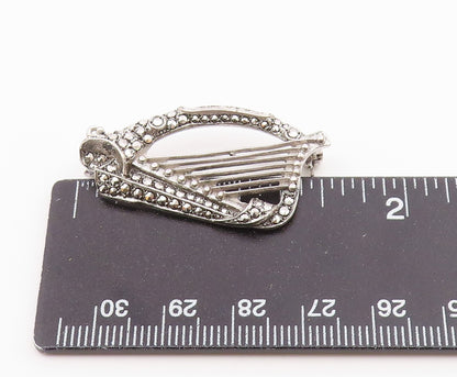 925 Sterling Silver  Vintage Sparkling Harm Instrument Brooch Pin  BP8359