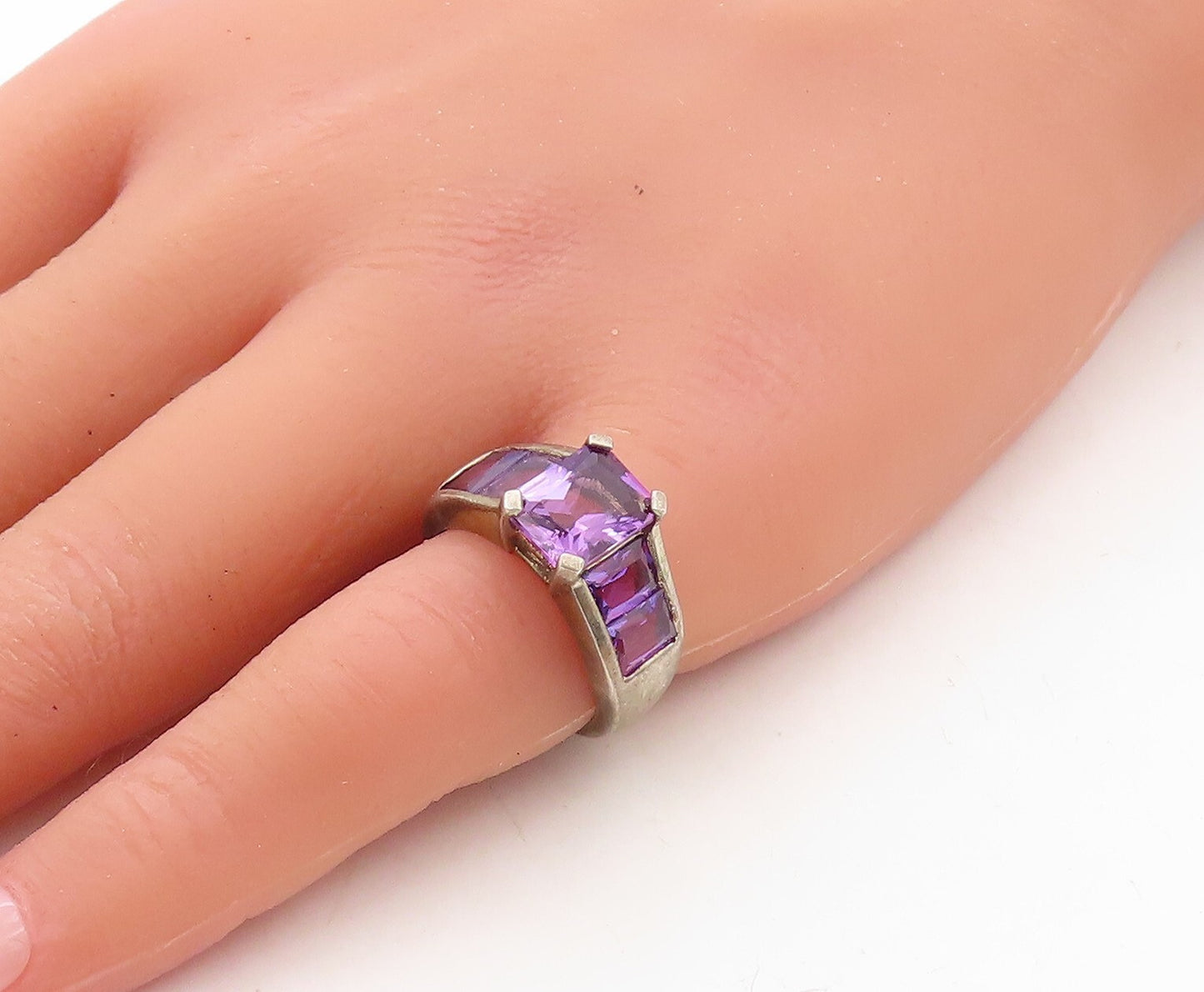 925 Sterling Silver Vintage Ring Dark Tone Rectangle Amethyst  Sz 6  RG31076