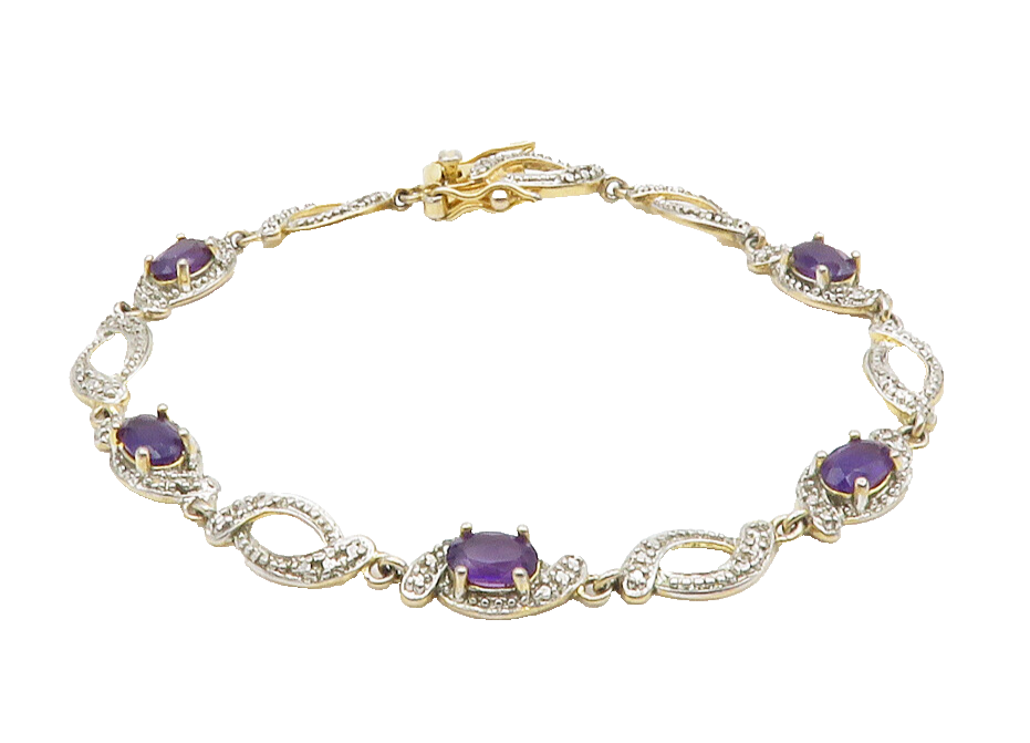ROSS SIMON 925 Silver Shiny Genuine Diamond & Amethyst Chain Bracelet BT5144