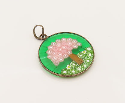925 Sterling Silver  Vintage Flower Tree Glass Art Round Pendant  PT21932