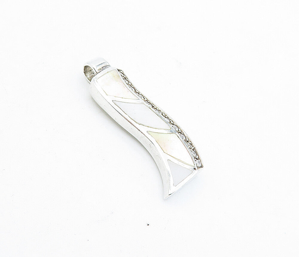 925 Sterling Silver  Vintage Mother Of Pearl & Topaz Striped Pendant  PT3350
