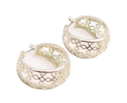 925 Sterling Silver Vintage Earrings Cutout Square Pattern Hoops  EG13087