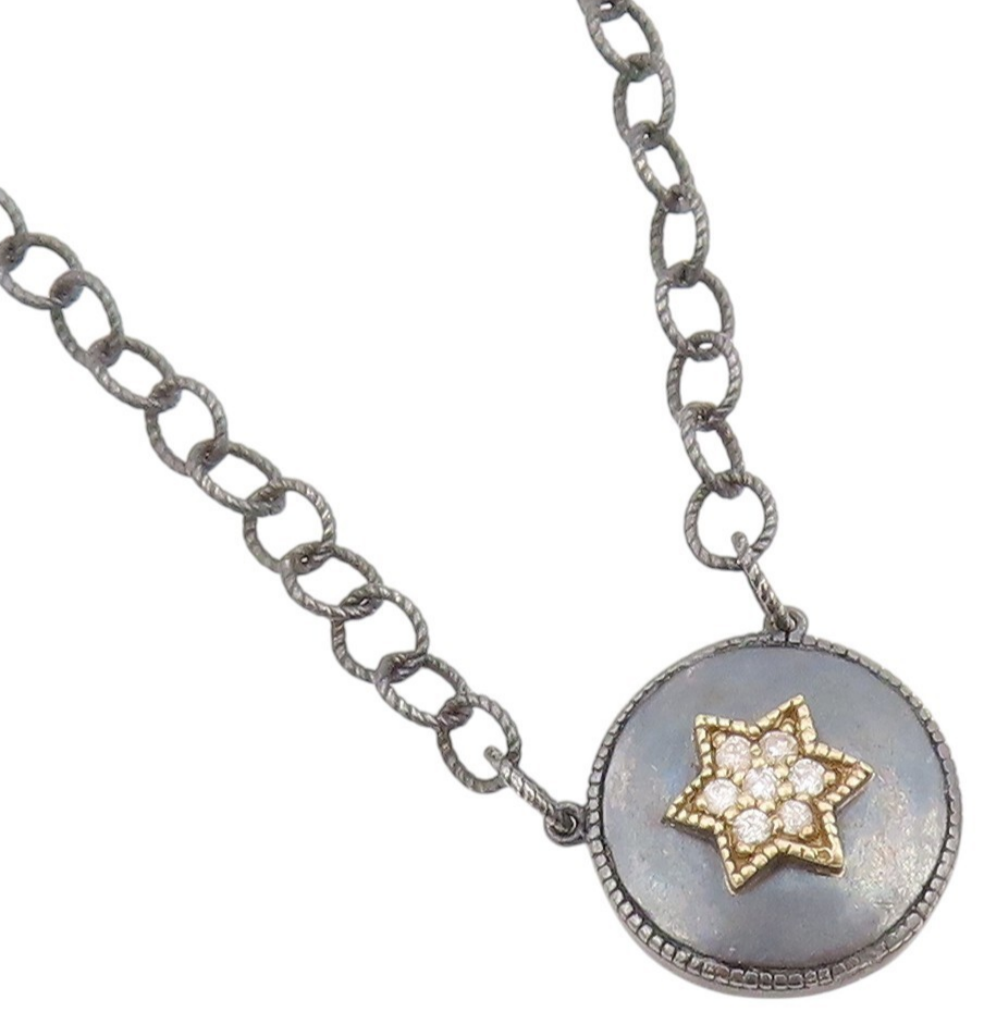14k Gold 925 Sterling Silver Vintage Necklace Dark Tone Enameled CZ Star  NE4438