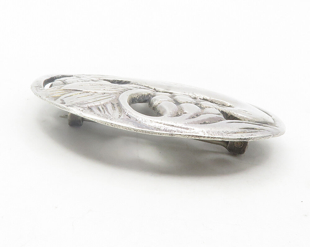 MEXICO 925 Silver  Vintage Shiny Bird Grape Vine Scene Brooch Pin  BP4448