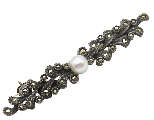 JUDITH JACK 925 Silver  Vintage Petite Pearl & Marcasite Brooch Pin  BP6247