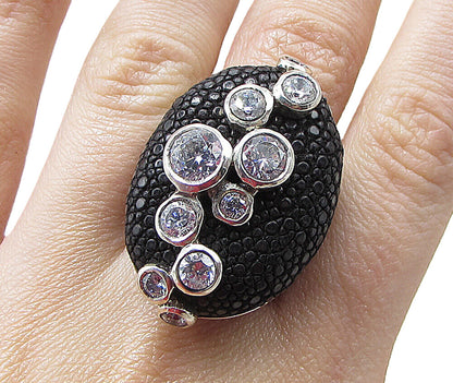 925 Sterling Silver Topaz Pattern Oval Crocodile Skin Leather Ring Sz 8.5 RG1657