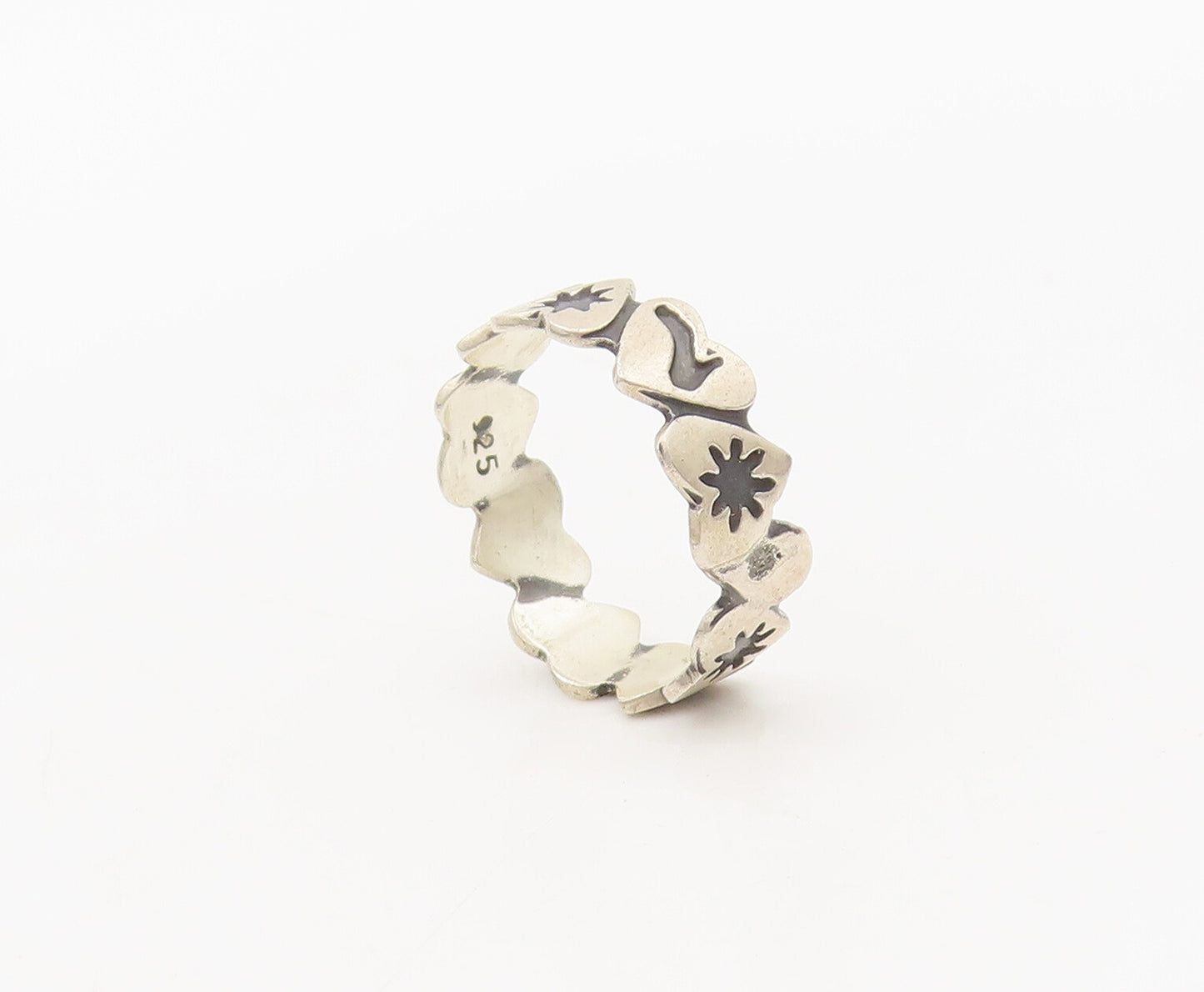 925 Sterling Silver Vintage Ring Up & Down Linked Etched Heart Sz 6.5  RG27686