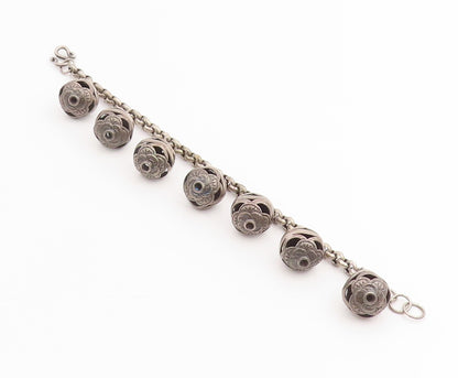 925 Sterling Silver Vintage Bracelet Carved Floral Roses Beaded Chain  BT11430