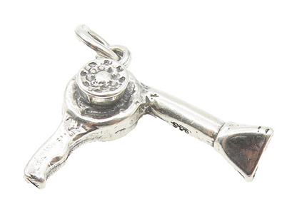 925 Sterling Silver  Vintage Petite Shiny Hair Blow Dryer Drop Pendant  PT8577