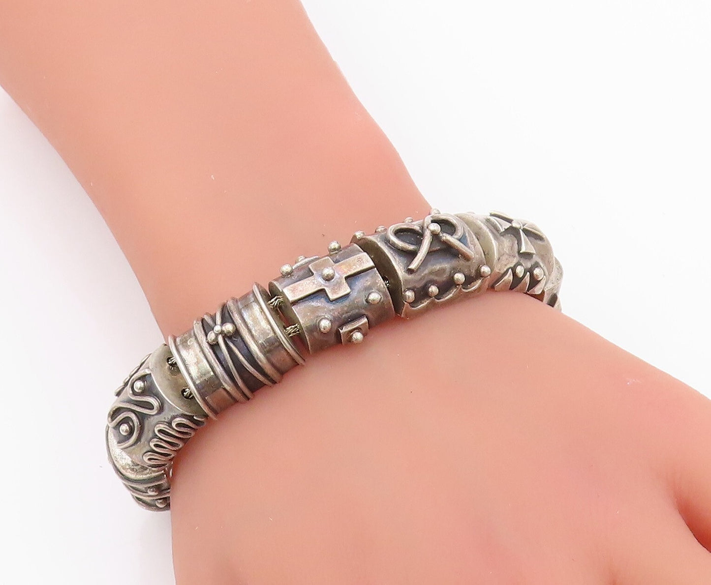 925 Sterling Silver Vintage Bracelet DEBORAH ARMSTRONG Dark Tone Carved  BT11100