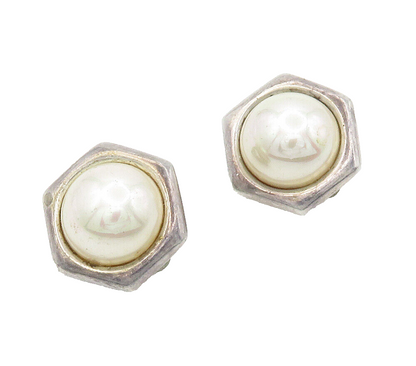 BARRA 925 Sterling Silver  Vintage Pearl Dome Non Pierce Earrings  EG7557