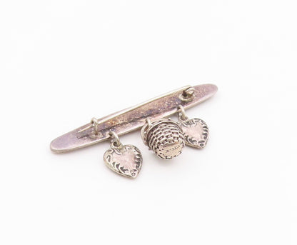 925 Sterling Silver  Vintage Love Hearts & Basket Charmed Brooch Pin  BP8528