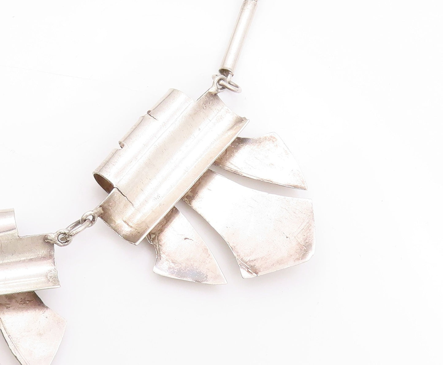 925 Sterling Silver Vintage Necklace MEXICO Trible Design Cut Gemstone  NE4535