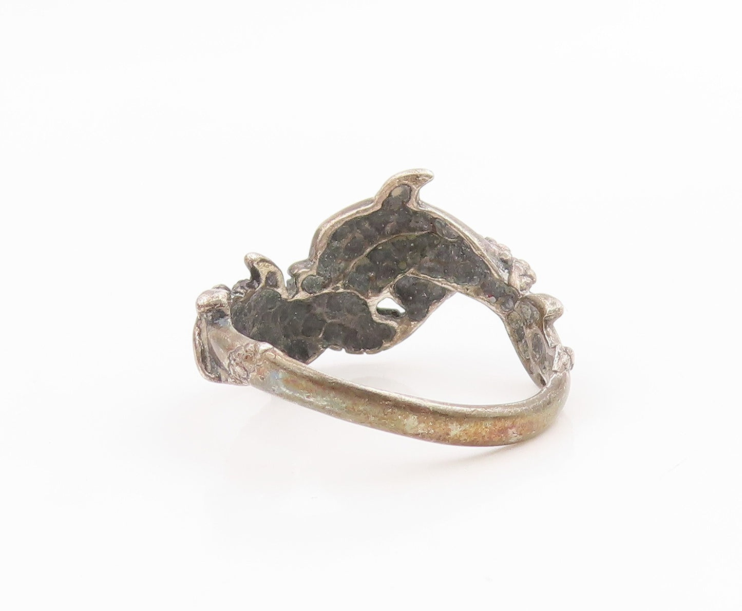 925 Sterling Silver Vintage Ring Intertwined Dolphins Motif  Sz 8.5  RG35896
