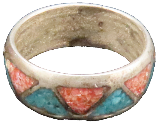 SOUTHWESTERN 925 Silver Vintage Crushed Coral & Turquoise Ring Sz 7 RG25100