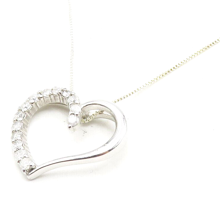 925 Sterling Silver  Genuine Diamonds Open Love Heart Chain Necklace  NE1936