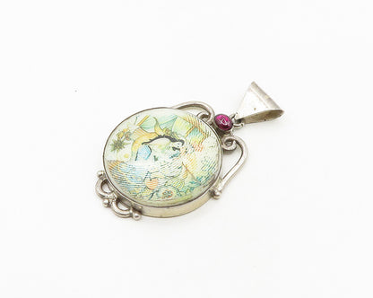 925 Sterling Silver  Vintage Cabochon Cut Topaz Enamel Art Pendant  PT14737