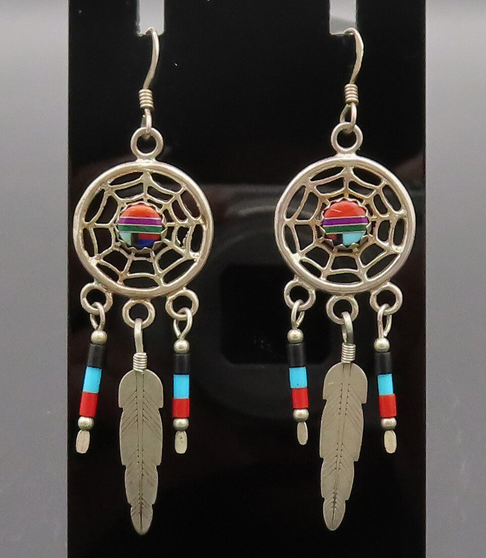 925 Silver Vintage Solid Dangling Multi Stones Dream Catcher Earrings EG12535