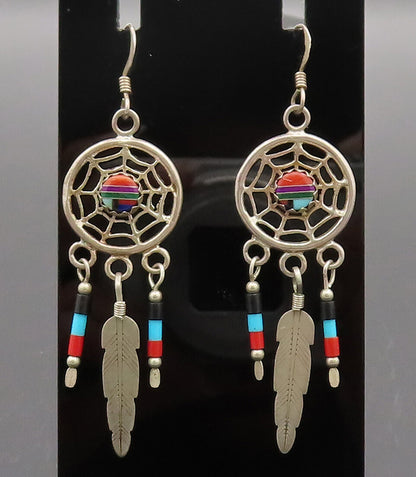925 Silver Vintage Solid Dangling Multi Stones Dream Catcher Earrings EG12535