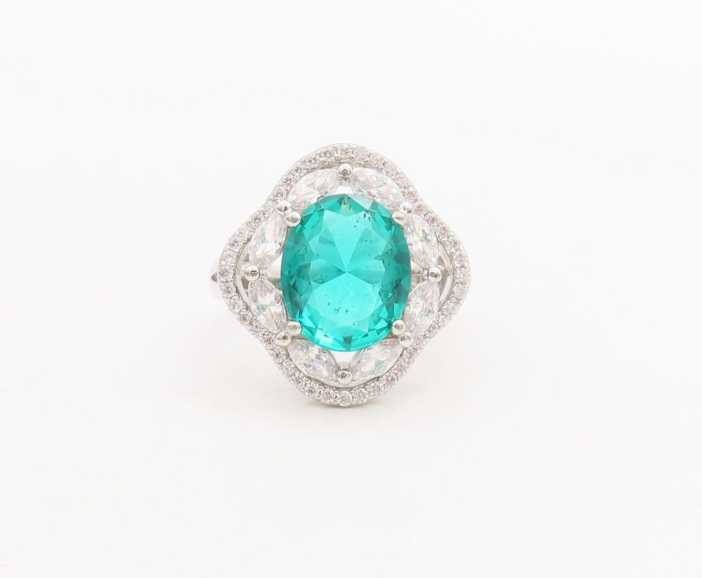 925 Sterling Silver Vintage Ring Floral Carved Aquamarine & CZ  Sz 7.5  RG29287