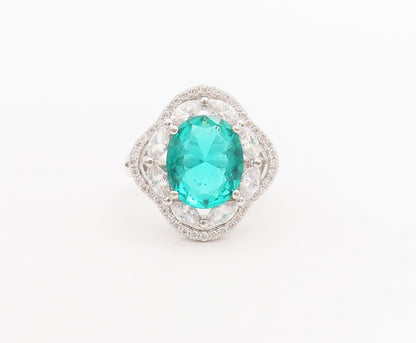 925 Sterling Silver Vintage Ring Floral Carved Aquamarine & CZ  Sz 7.5  RG29287