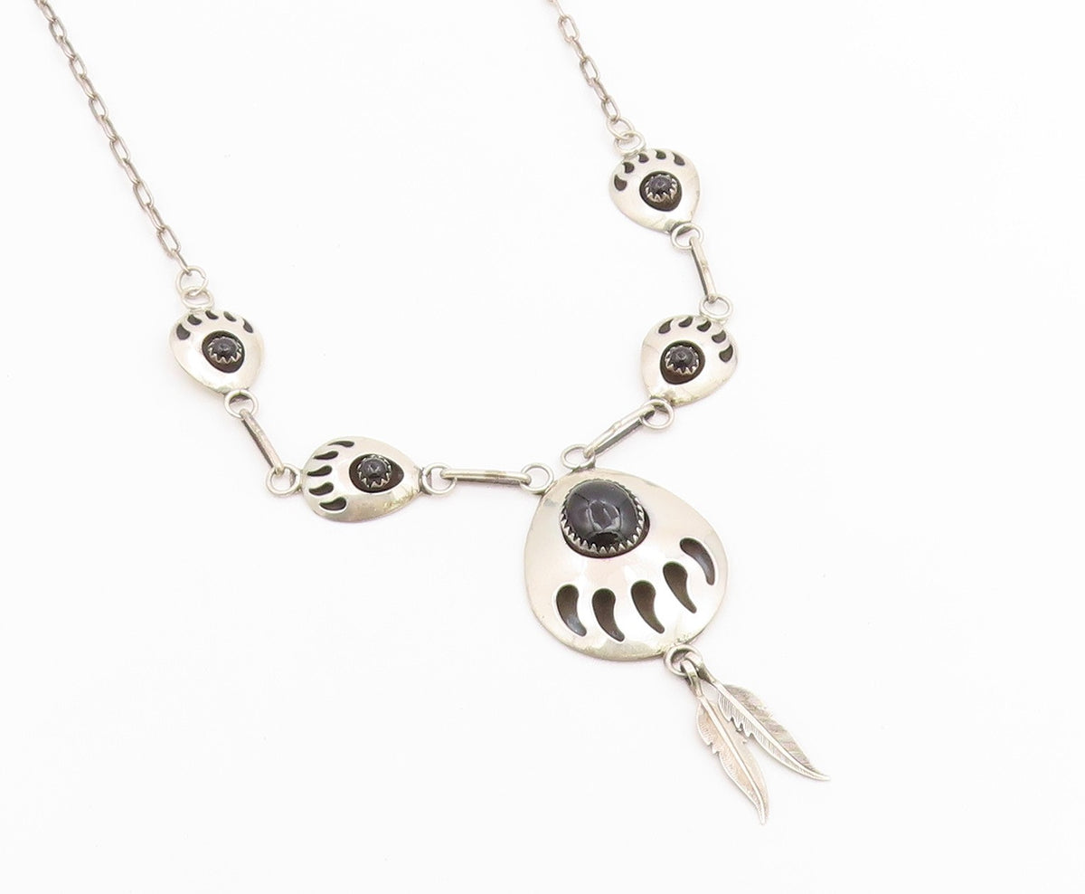 925 Sterling Silver Vintage Necklace NAVAJO Black Onyx Feather Drop Chain NE4908