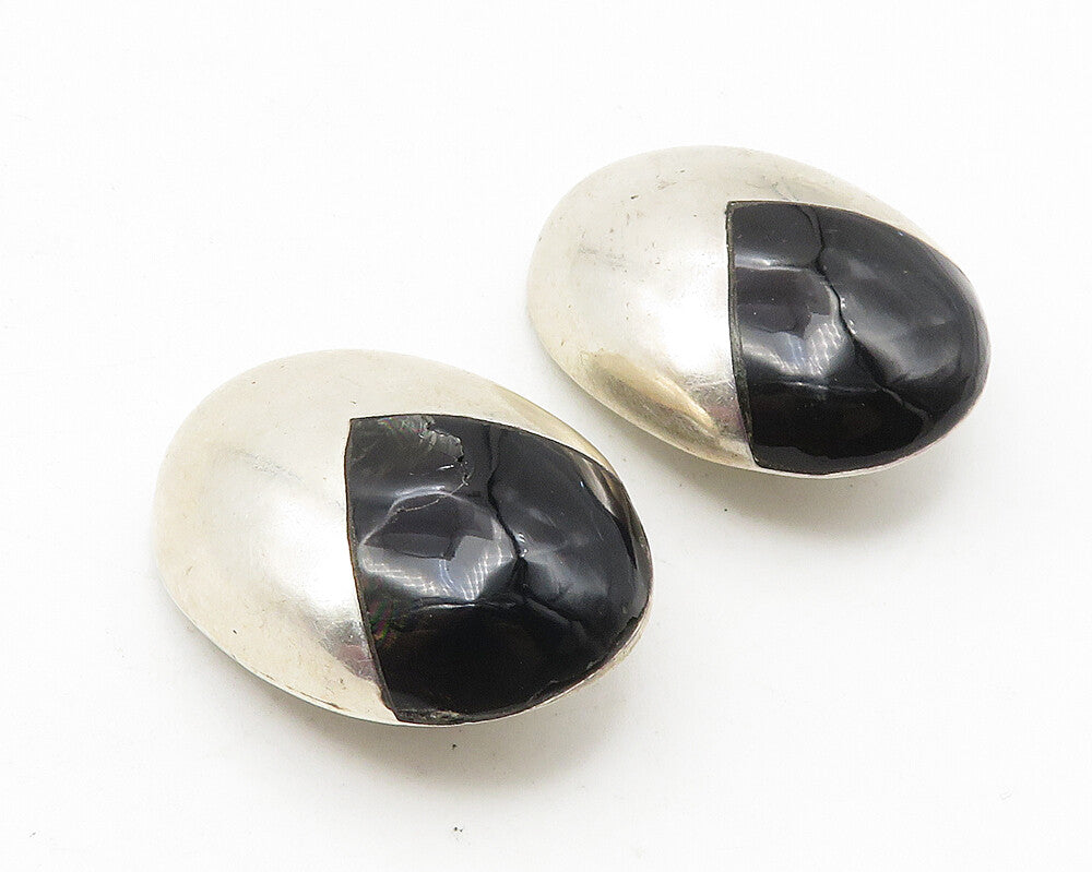 MEXICO 925 Silver   Vintage Inlaid Black Onyx Dome Non Pierce Earrings  EG5737