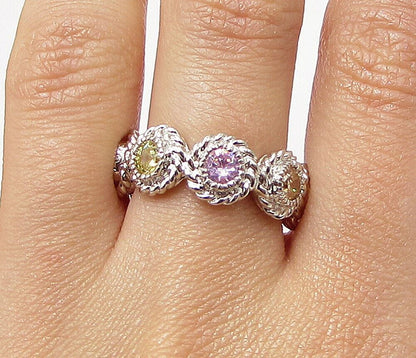 925 Sterling Silver Multi Colored Cubic Zirconia Floral Band Ring Sz 7 RG3520