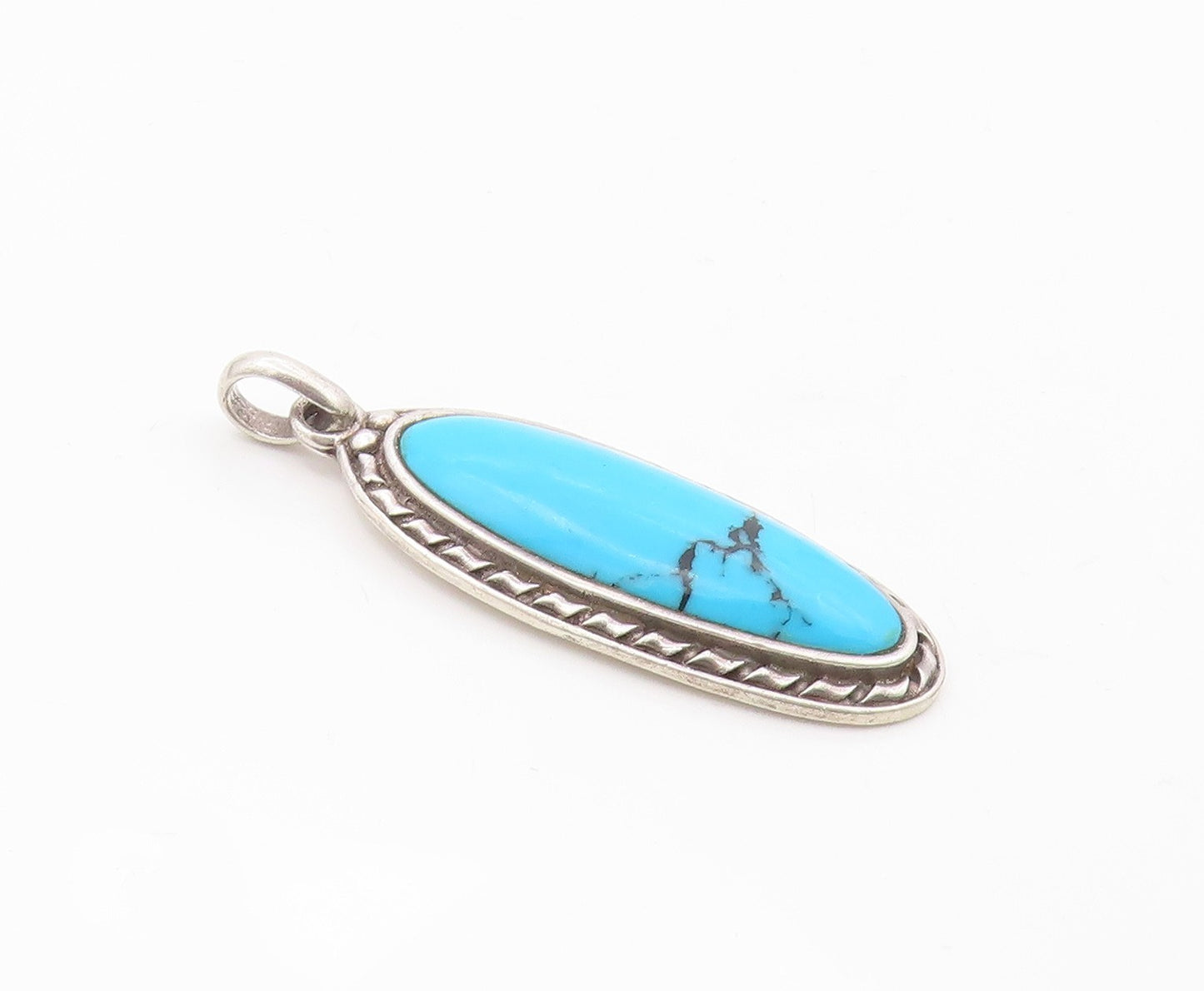 925 Sterling Silver  Vintage Cabochon Cut Turquoise Oblong Pendant  PT14052