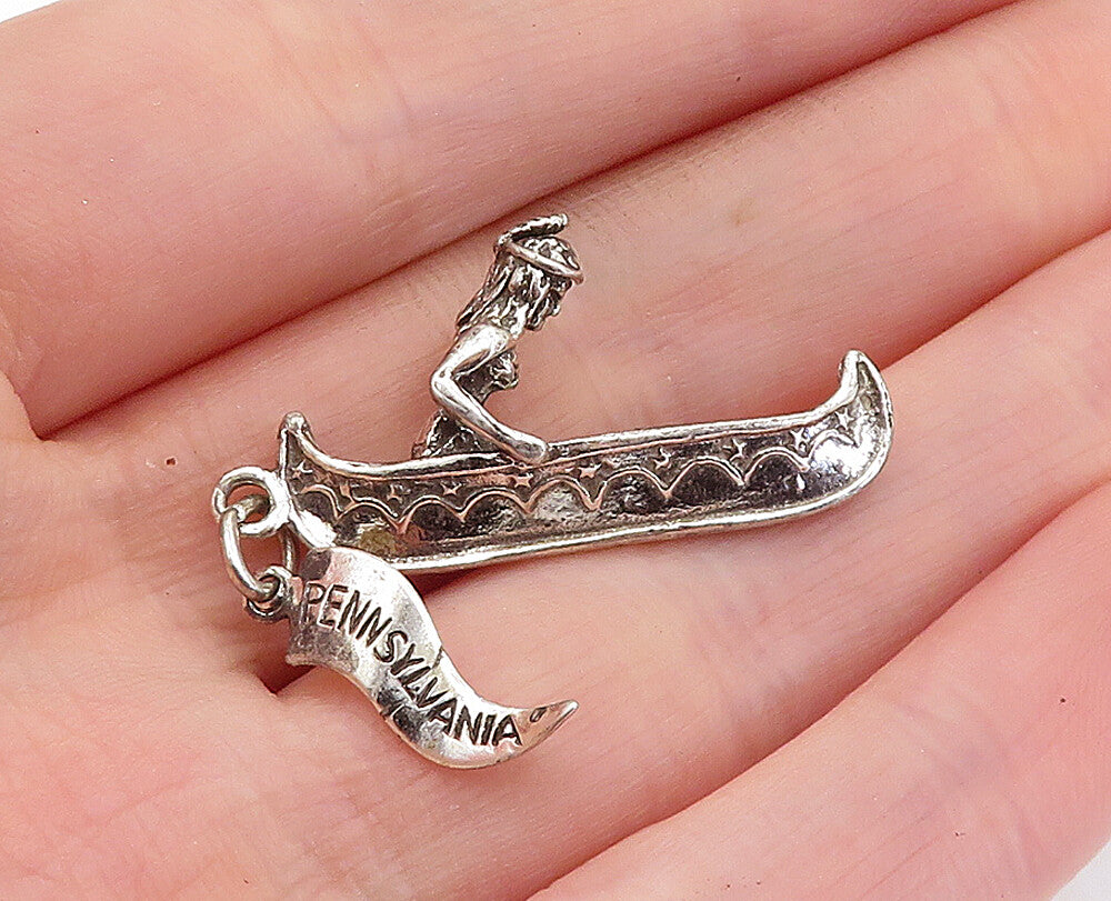 925 Sterling Silver Vintage Pennsylvania Man In Canoe Boat Pendant PT4530