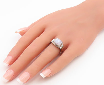 925 Sterling Silver Vintage Ring Milky Moonstone & CZ Ribbed Band  Sz 7  RG36856