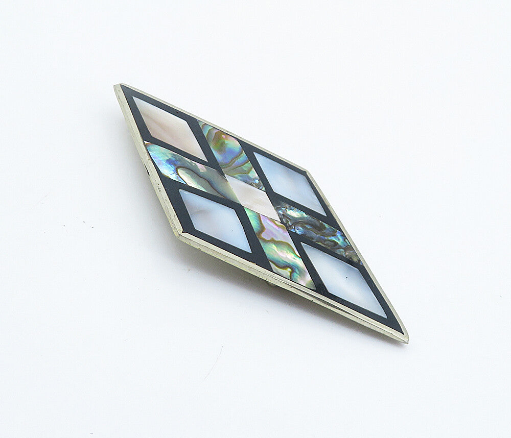 MEXICO 925 Silver  Vintage Mother Of Pearl & Abalone Shell Brooch Pin  BP2884