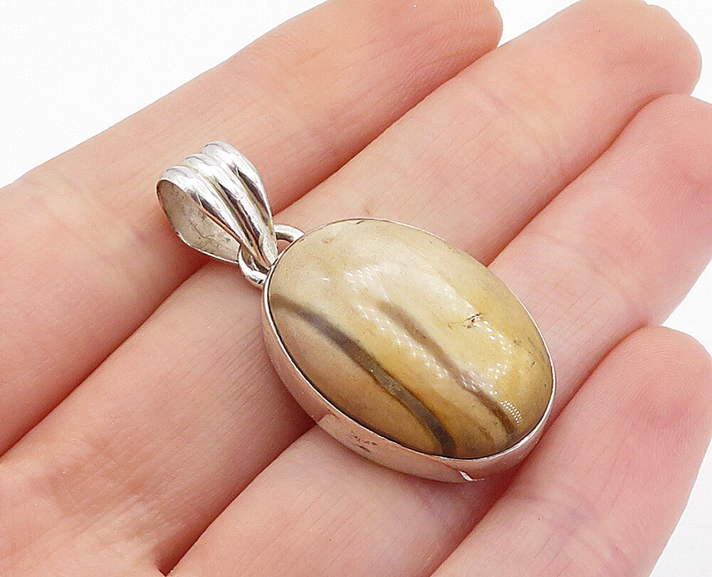 925 Sterling Silver  Vintage Cabochon Cut Brown Jasper Oval Pendant  PT3091