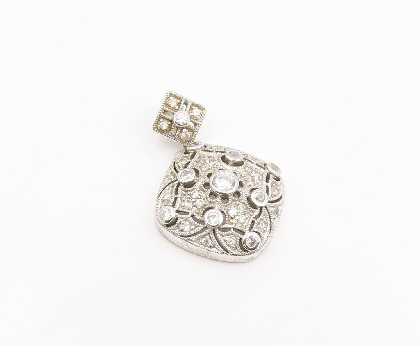 925 Sterling Silver Vintage Pendant CZ Classic Openwork Geometric Charm  PT25986