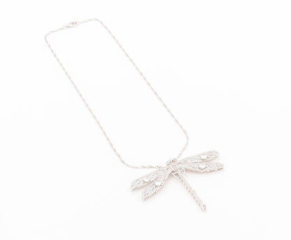 925 Sterling Silver Vintage Necklace Designer Cat's Eye & CZ Dragonfly  NE4521