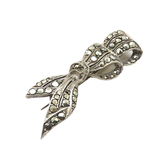 925 Sterling Silver  Vintage Marcasite Tied Ribbon Motif Brooch Pin  BP3821
