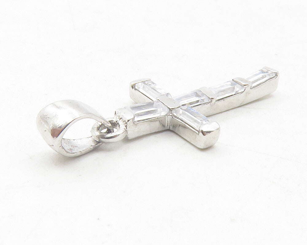 925 Sterling Silver  Shiny Cubic Zirconia Religious Cross Drop Pendant  PT9563